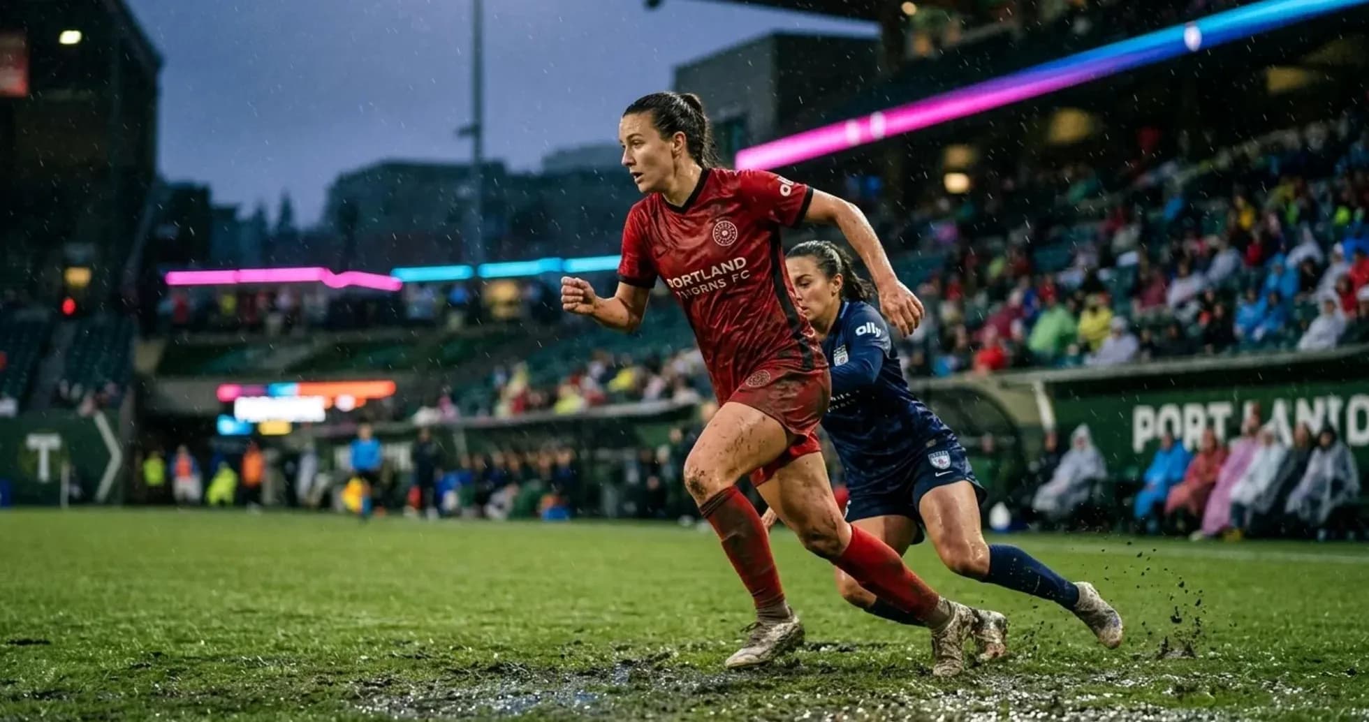 Portland Thorns player evading Chicago Red Stars opponent Portland Thorns player evading Chicago Red Stars opponent