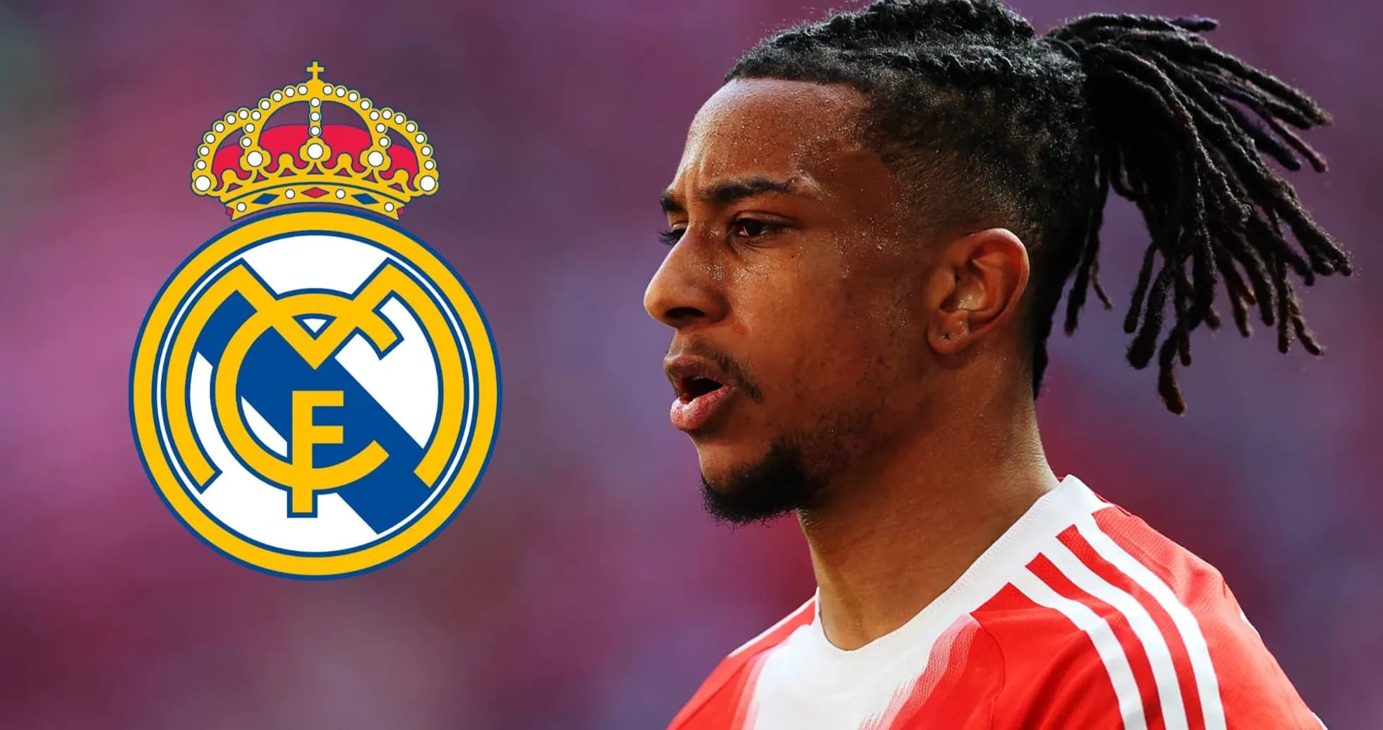 Player in red jersey near Real Madrid logo Player in red jersey near Real Madrid logo