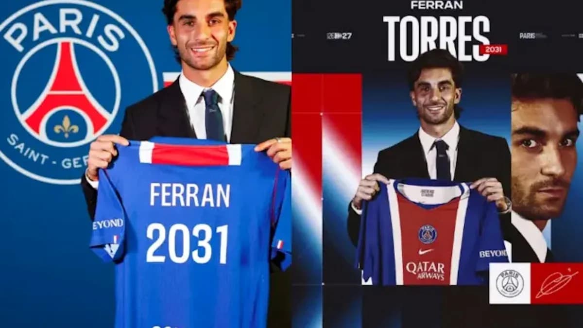 Ferran Torres holding Paris Saint-Germain jersey at unveiling Ferran Torres holding Paris Saint-Germain jersey at unveiling