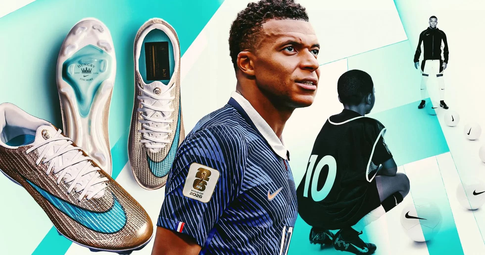 Kylian Mbappé with soccer cleats and training scene Kylian Mbappé with soccer cleats and training scene
