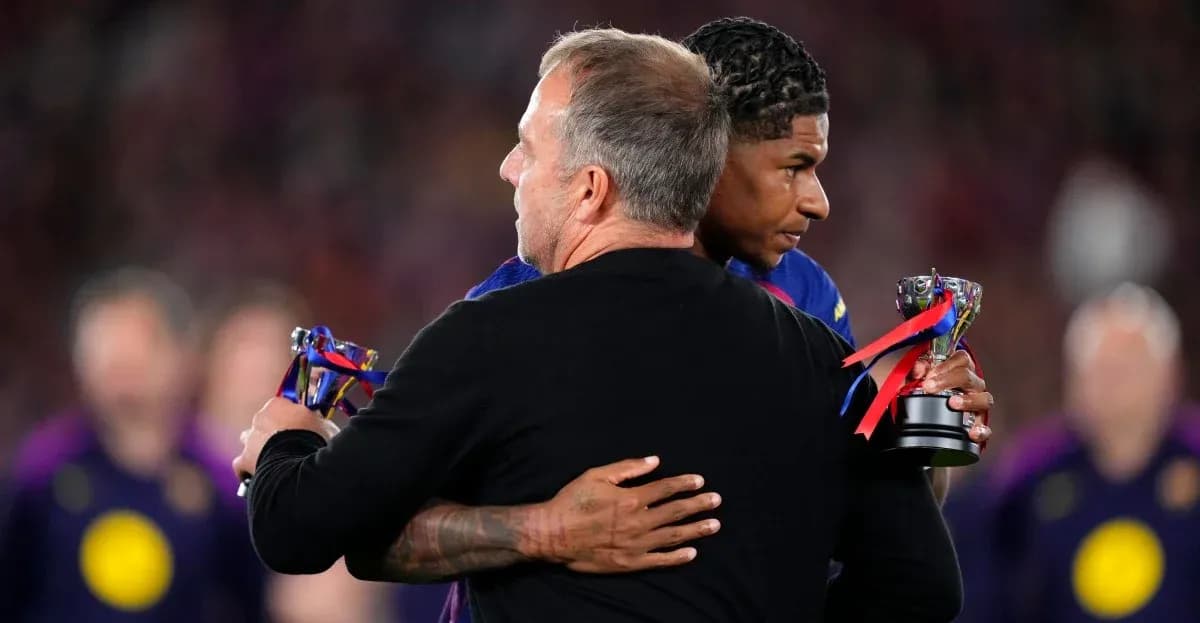 Two individuals hugging while holding trophies Two individuals hugging while holding trophies