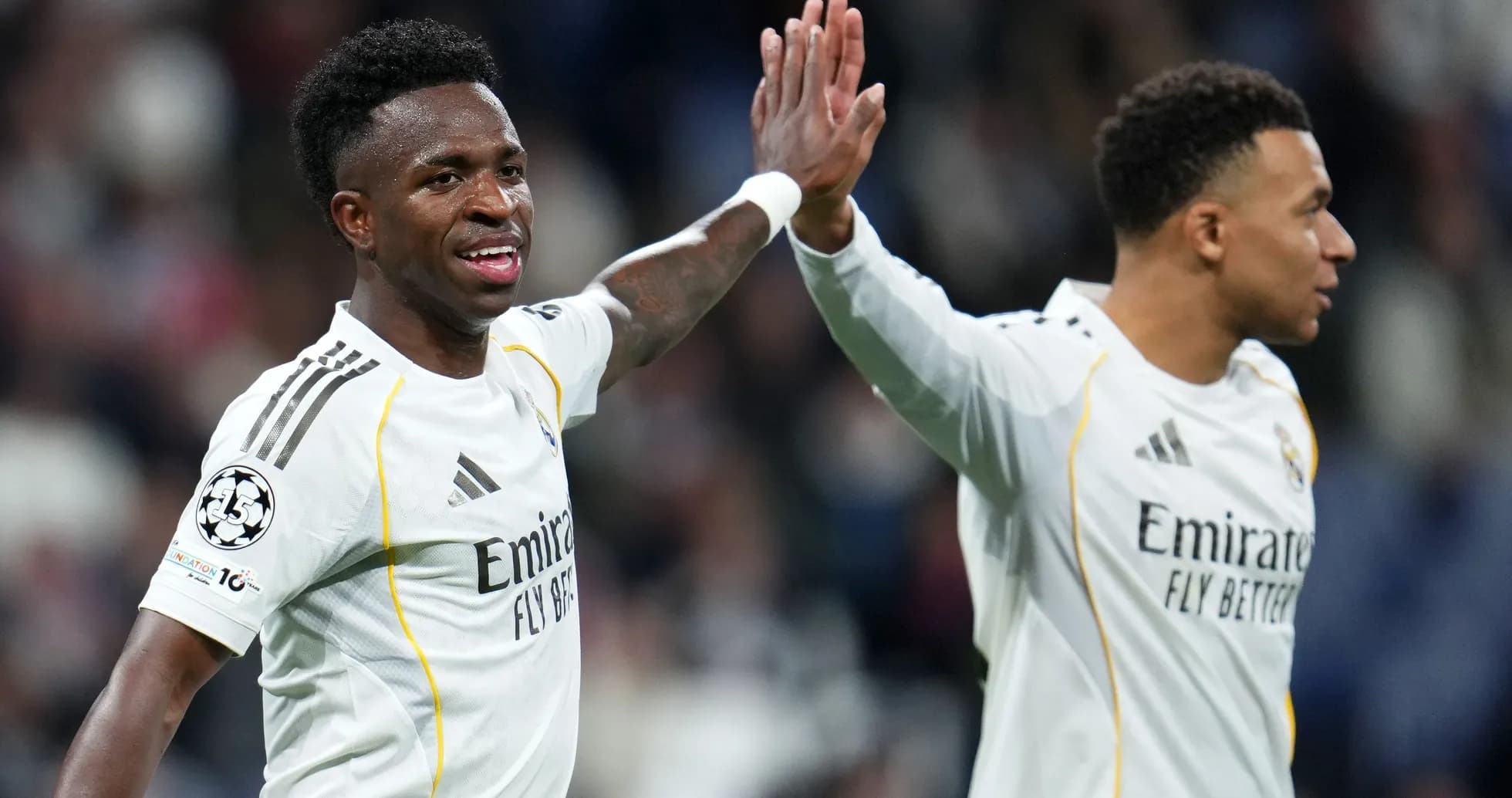 Vinícius Júnior and Kylian Mbappé celebrating a goal Vinícius Júnior and Kylian Mbappé celebrating a goal