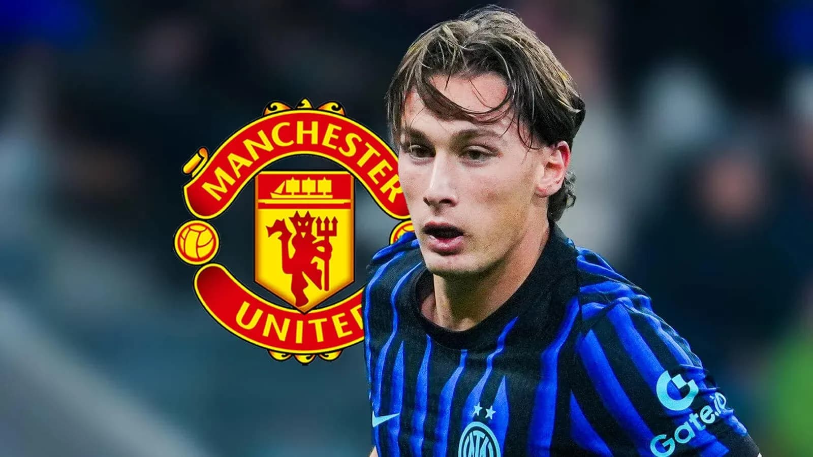 Player in blue jersey running with Manchester United logo Player in blue jersey running with Manchester United logo