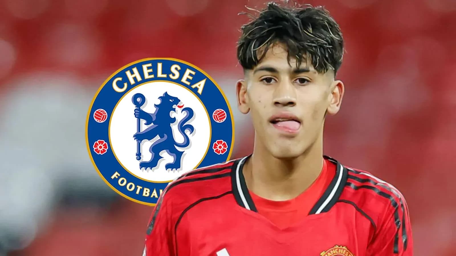 Young player in Manchester United kit with Chelsea logo Young player in Manchester United kit with Chelsea logo